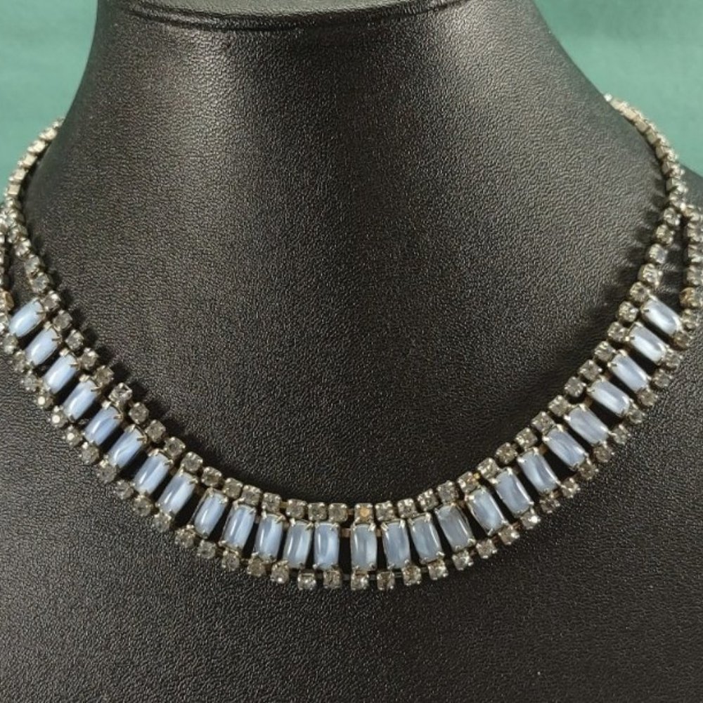 Vintage Moonstone Art Glass & Rhinestones 15" Necklace.  Designer Quality